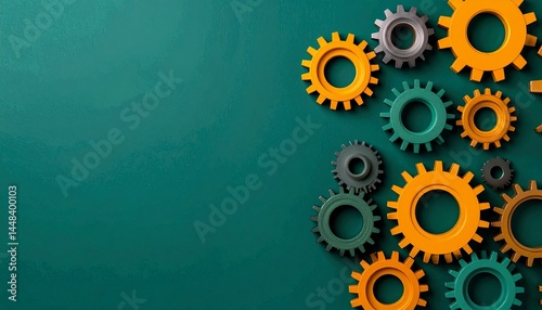 Gears engineering mechanics industry concept. Colorful gears arranged on a teal background for industrial design.