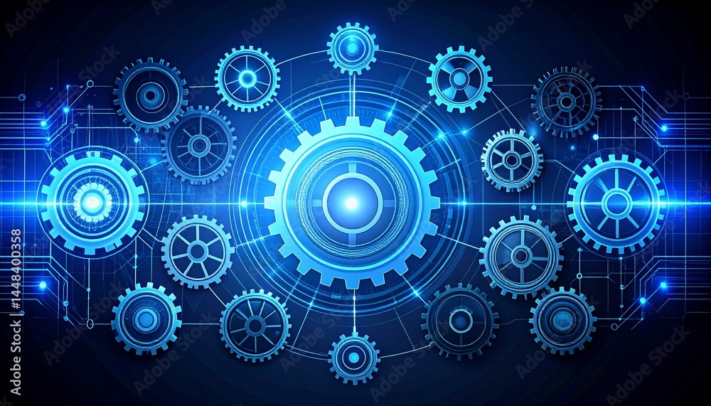 Gears engineering mechanics industry concept. Futuristic digital gears and circuits in a blue and gold design. Gears engineering mechanics industry concept. Futuristic digital gears and circuits in a blue and gold design.