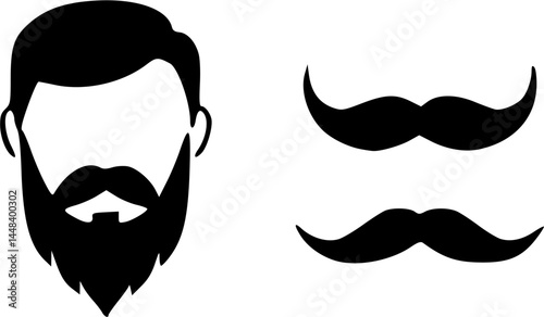 Black beard. Curly man silhouette, goggles haircut or hair for male hipster character, moustache and whisker style. Facial guy icon. Portrait objects. Barbershop isolated vector illustration