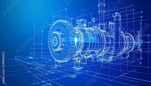 Gears engineering mechanics industry concept. Blueprint of a mechanical turbine in a blue background.