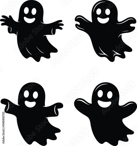 Cartoon Ghost Silhouette Set – Floating Spooky Vector with Raised Arms on White Background