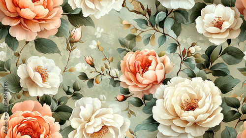 Vintage Peony and Rose Watercolor Floral Seamless Pattern