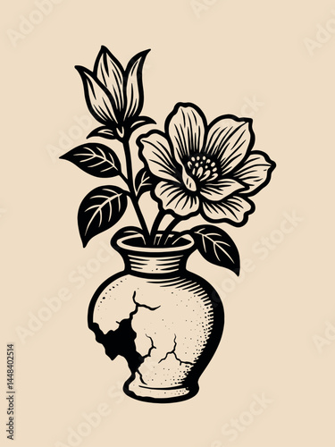 Cracked flower vase with blooming flower engraving style

