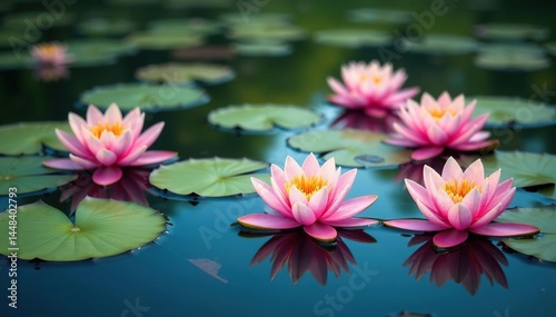 Water lilies create a vibrant floral pattern on still lake, nature background, plants