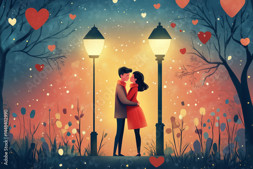 Two Characters in Lighthearted Embrace Under Streetlamp - Pastel Colors and Whimsical Hearts, Romantic Comedy

