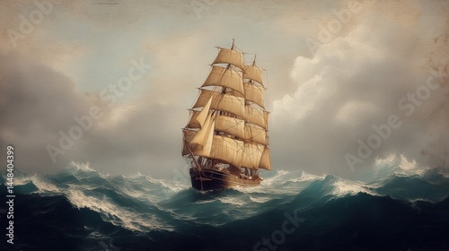 Vintage nautical painting of tall ship sailing rough seas
