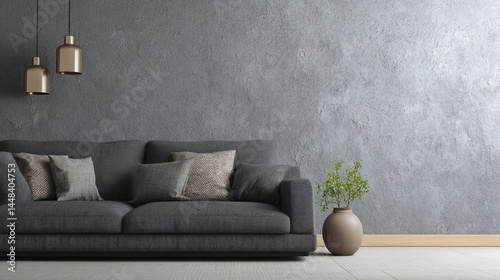 Modern living room with stylish decor and neutral tones featuring a gray sofa and decorative vase