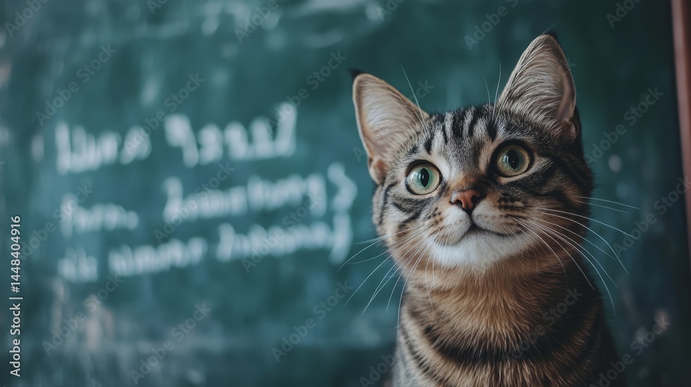 A cat with green eyes looking up at the camera.