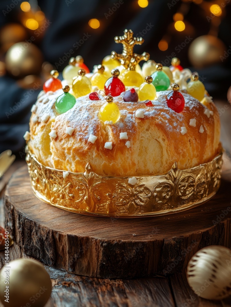 Baked pastry with gold crown, white frosting and colorful candies decorating it.