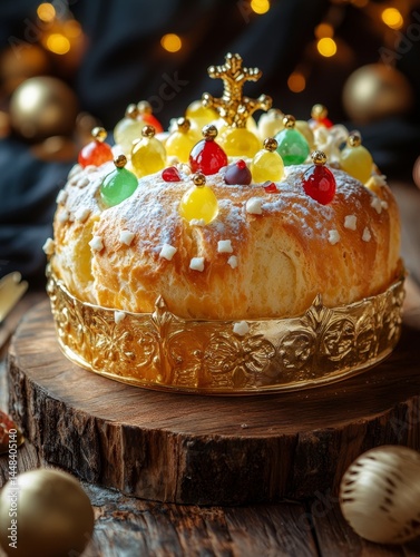 Obraz na płótnie Baked pastry with gold crown, white frosting and colorful candies decorating it. w salonie