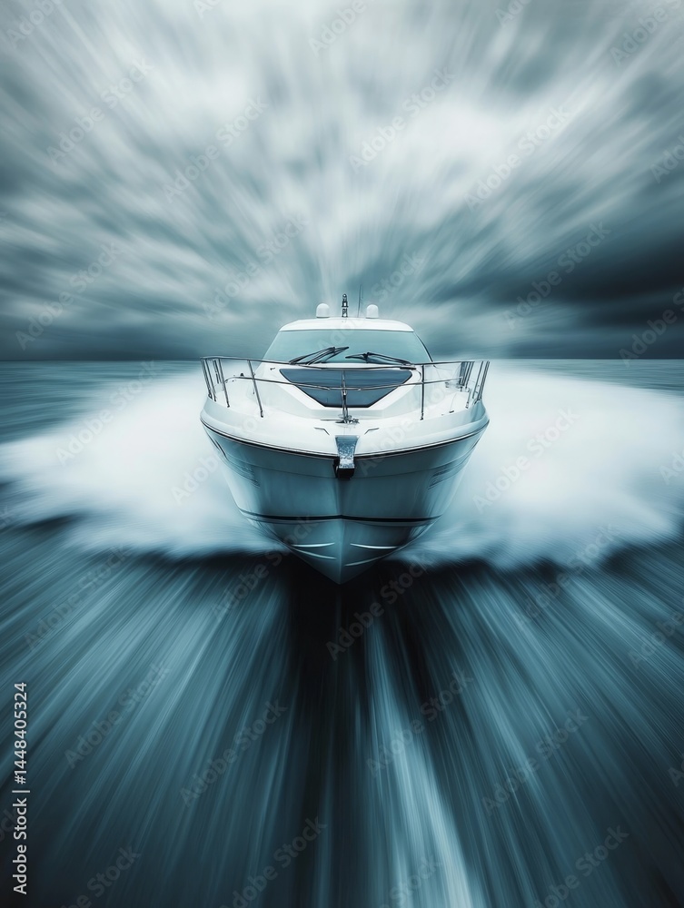 A fast-moving boat creating a wake on the water. Ideal for speed, leisure activities and adventures.