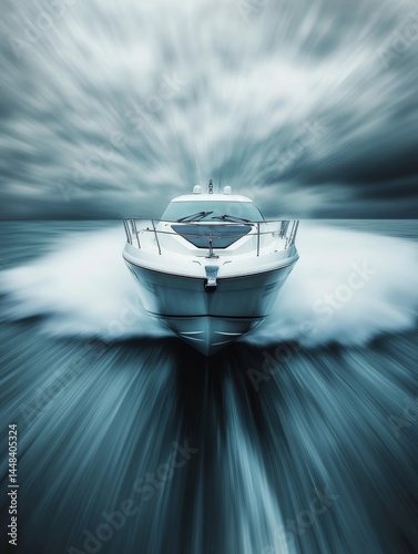 Obraz na płótnie A fast-moving boat creating a wake on the water. Ideal for speed, leisure activities and adventures. w salonie