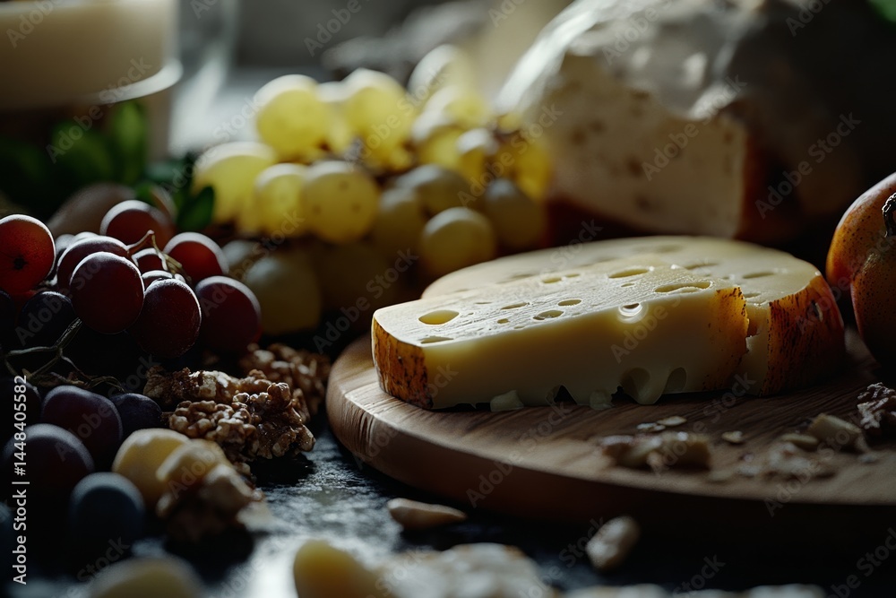 Variety of fresh cheeses, fruits and nuts for healthy snacking.