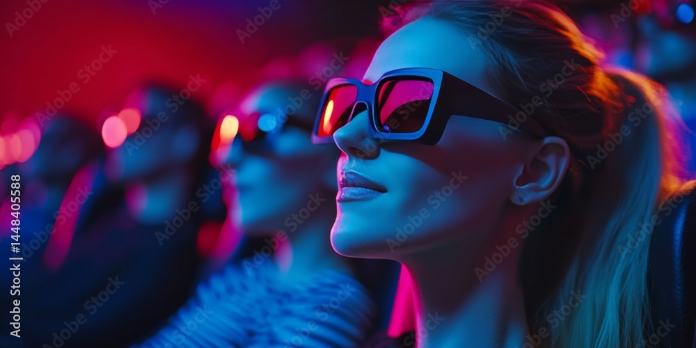 A woman is enjoying the latest 3D movie experience with glasses. She's sitting in a darkened auditorium among fellow spectators.