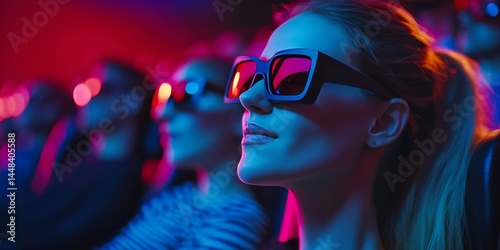 Obraz na płótnie A woman is enjoying the latest 3D movie experience with glasses. She's sitting in a darkened auditorium among fellow spectators. w salonie
