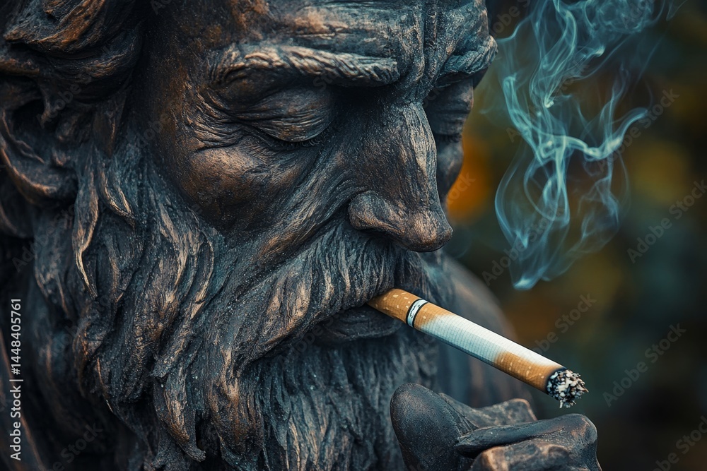 A statue of a man smoking a cigarette. The statue is made of bronze and the man is wearing a beard. The cigarette is white and the smoke is coming out of the man's mouth. Scene is somewhat serious