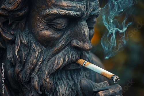 Obraz na płótnie A statue of a man smoking a cigarette. The statue is made of bronze and the man is wearing a beard. The cigarette is white and the smoke is coming out of the man's mouth. Scene is somewhat serious w salonie