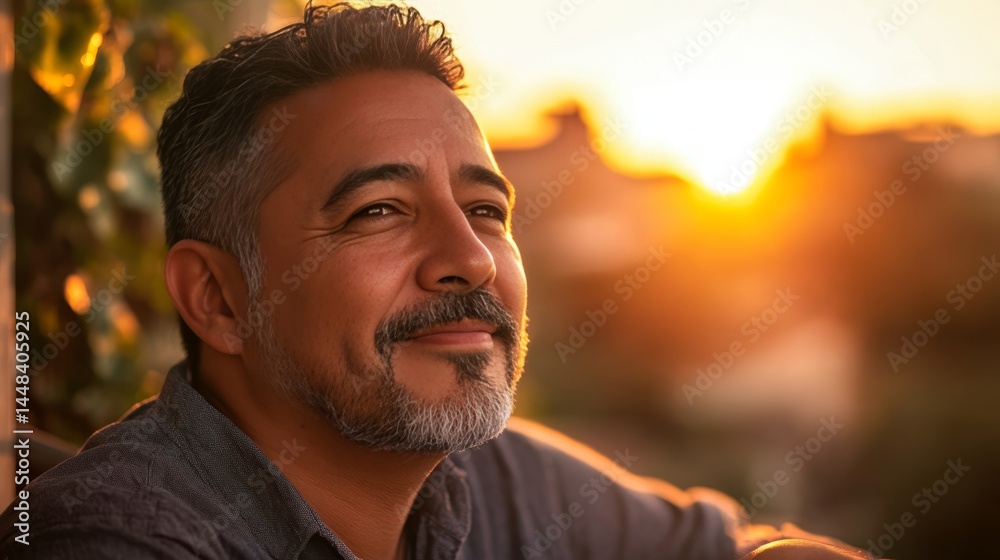 A smiling man with a beard looking at the sunset, conveying a sense of contentment and relaxation.