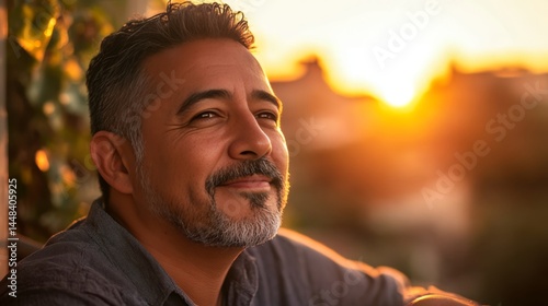 Obraz na płótnie A smiling man with a beard looking at the sunset, conveying a sense of contentment and relaxation. w salonie