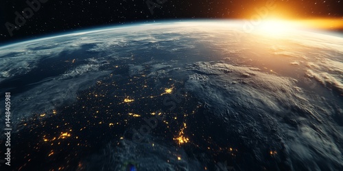 Planet Earth at night with glowing city lights on one side and star-filled space on the other.