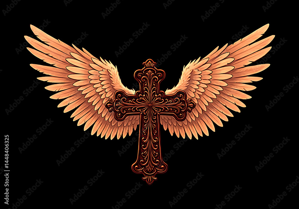 Fototapeta premium Ornate stylized cross with elaborate wings on dark background, rich in detailed graphic patterns