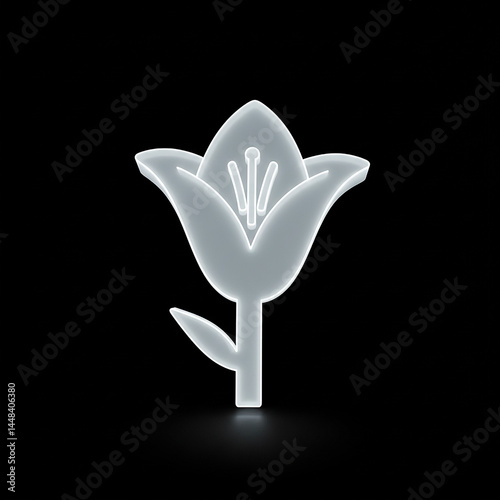 Glowing neon white tulip on black background