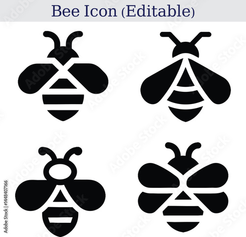 black bee icons. stylized bee designs in black on white. editable bee icon set for minimalistic design.