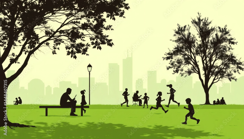 Urban Park Scene with People Sitting, Jogging, and Kids Playing, Silhouettes on a Pale Green Background Urban Park Scene with People Sitting, Jogging, and Kids Playing, Silhouettes on a Pale Green Background
