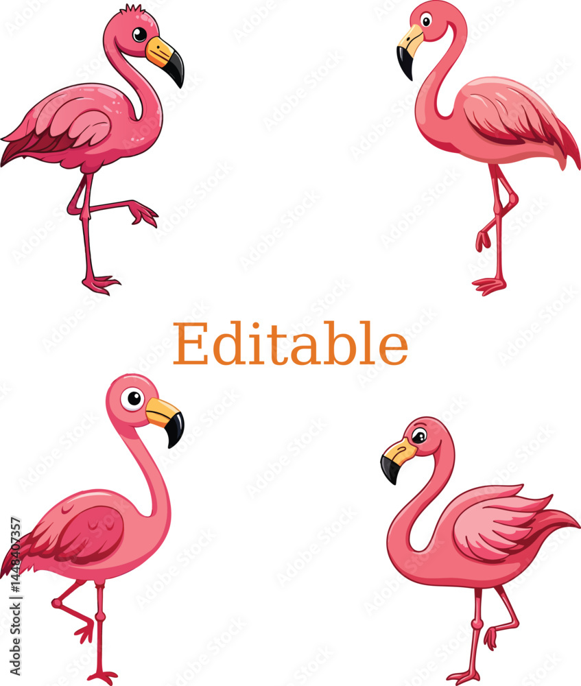Obraz premium cartoon flamingos illustration in playful poses. vibrant flamingo design with customizable text. fun and whimsical flamingo digital art with editable font.