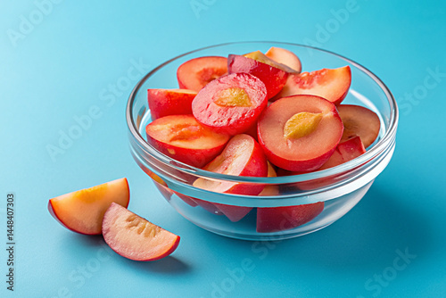 Acerola slices glass bowl on pure blue background.