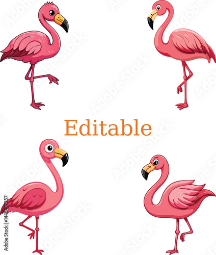 cartoon flamingos illustration in playful poses. vibrant flamingo design with customizable text. fun and whimsical flamingo digital art with editable font.