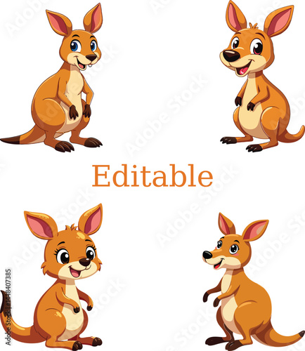 Cartoon kangaroos with playful expressions and poses. Editable illustration of four cartoon kangaroos. Whimsical kangaroos in digital art style.