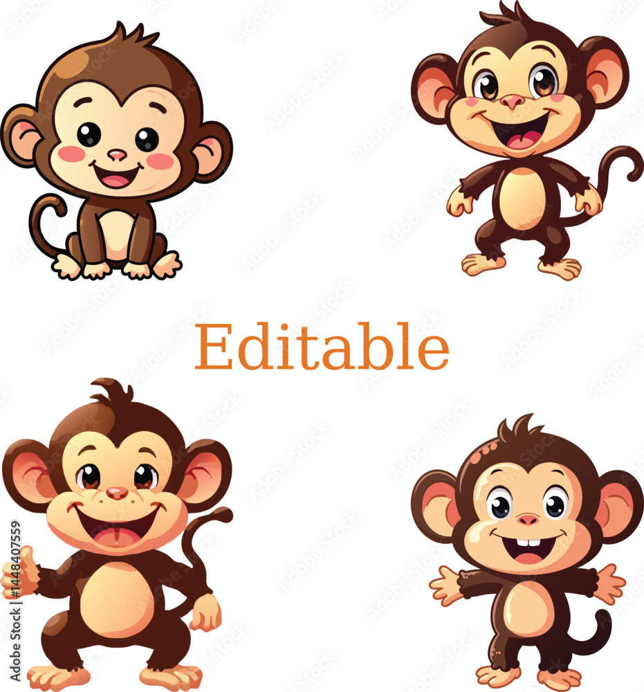 Fototapeta premium playful monkeys cartoon illustration. cute monkeys with expressive faces. colorful cartoon monkeys grid design.