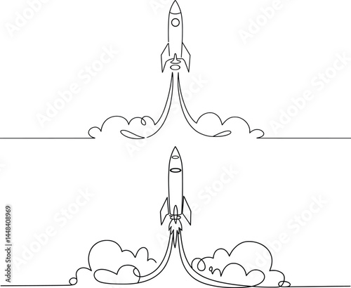 Minimalist Line Drawing of Rocket Launch, Simple Startup Concept Illustration.