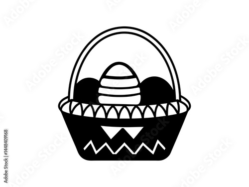 Elegant Easter Egg Basket Vector – Intricate Black and White Line Art Illustration for Religious Holiday, Spring Decor, and Seasonal Design Projects.