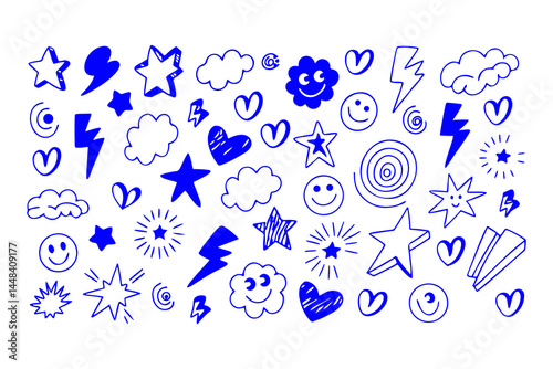 Hand drawn doodle icon set with stars, hearts, smiley faces, clouds, suns, spirals, lightning bolts, and flowers in a playful sketch style on a white background.