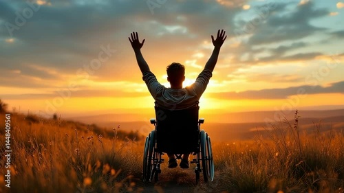 Person in wheelchair celebrating freedom against sunset background  