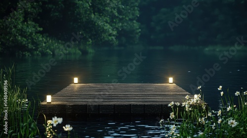 Tranquil Dock at Night with Lanterns and Lush Surroundings