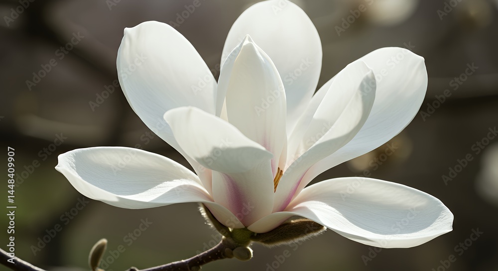Fototapeta premium Blooming Magnolia Flower with White Petals in Natural Light