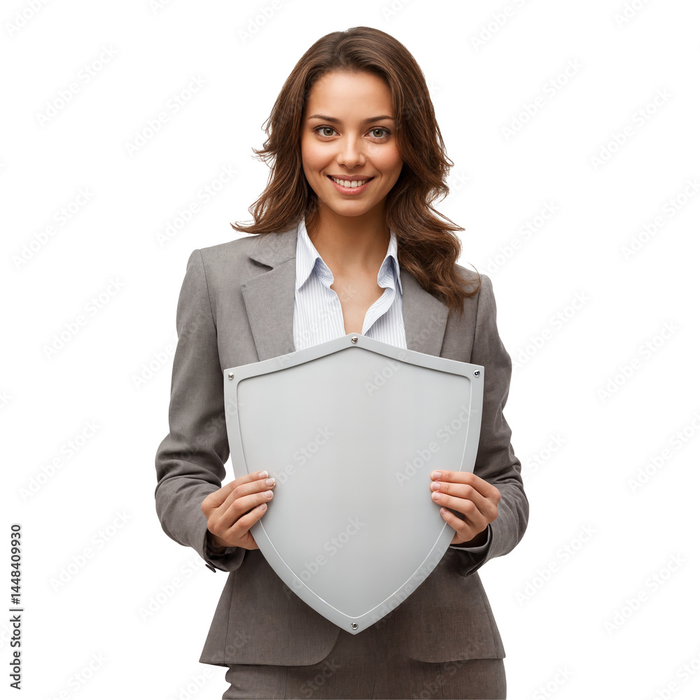 Businesswoman holding a white shield of protection smiling Businesswoman holding a white shield of protection smiling