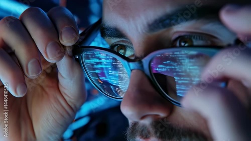 Man Concentrating on Coding with Glasses in a Tech Environment  