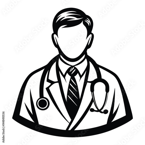 Doctor man vector illustration. Doctor in white coat. Stethoscope, doctor line art