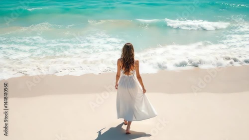 Woman Walking Along the Beach in a White Dress  