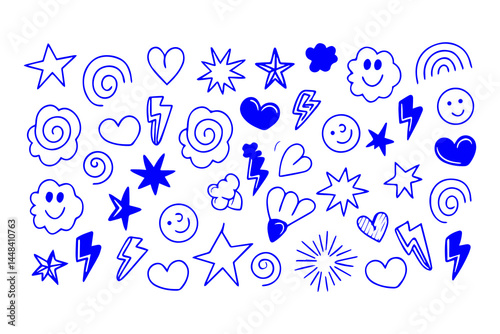 Hand drawn doodle icon set with stars, hearts, smiley faces, clouds, suns, spirals, lightning bolts, and flowers in a playful sketch style on a white background.