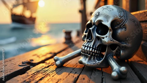 Skull with Crossbones Against Ocean Sunset Background  