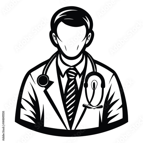 Doctor man vector illustration. Doctor in white coat. Stethoscope, doctor line art
