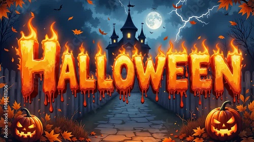 Halloween Themed Background with Pumpkins and Haunted House  