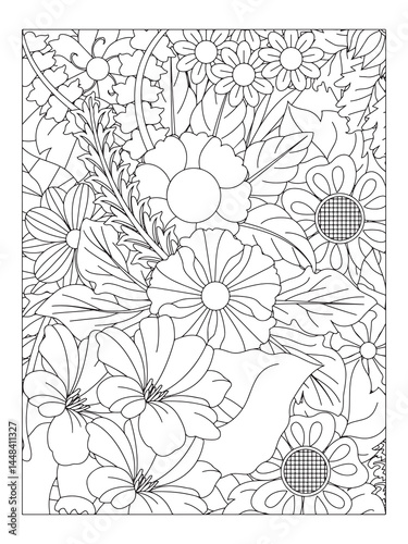Flower pattern. Vector doodle flowers in black and white. Page adult coloring book. Coloring Flower Page.