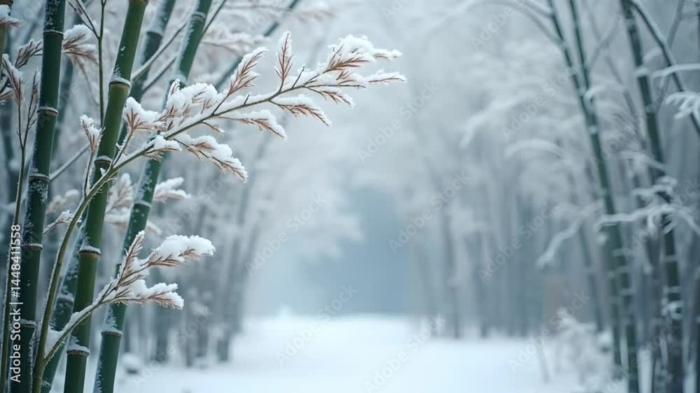 Serene winter landscape with snow-covered bamboo forest path in soft light Serene winter landscape with snow-covered bamboo forest path in soft light