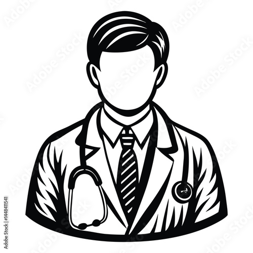 Doctor man vector illustration. Doctor in white coat. Stethoscope, doctor line art